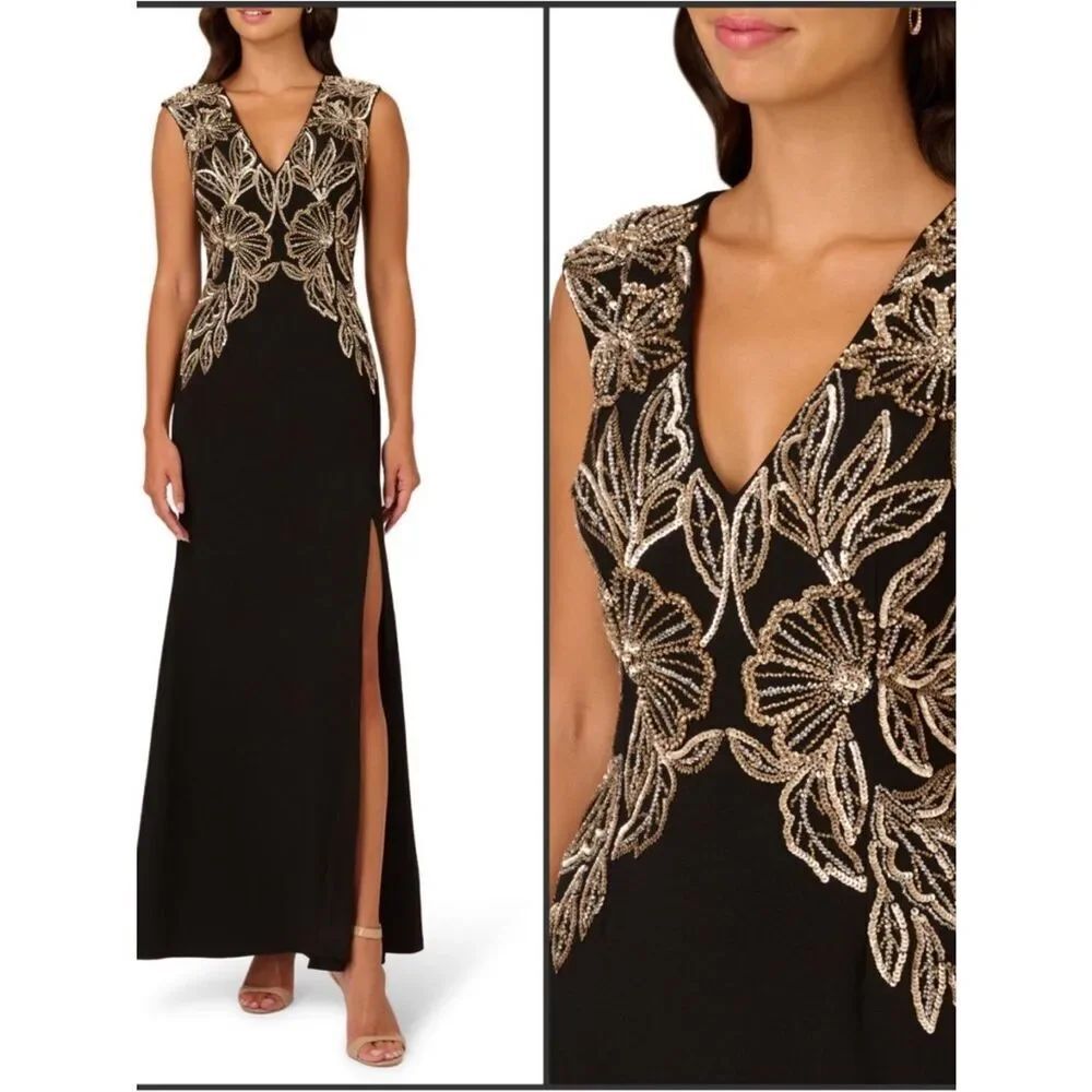 NWT Adrianna Papell Floral Bead Detail Sleeveless Crepe Mermaid Gown Black 14